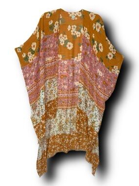 Bohemian Hippie Floral Patchwork Kimono Cardigan - Mustard & Pink Festival Wear